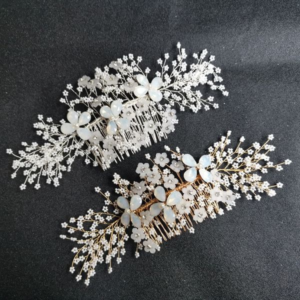 

slbridal gold handmade wired crystal rhinestone pearls flower wedding hair comb bridal headpieces hair accessories women jewelry, Golden;white