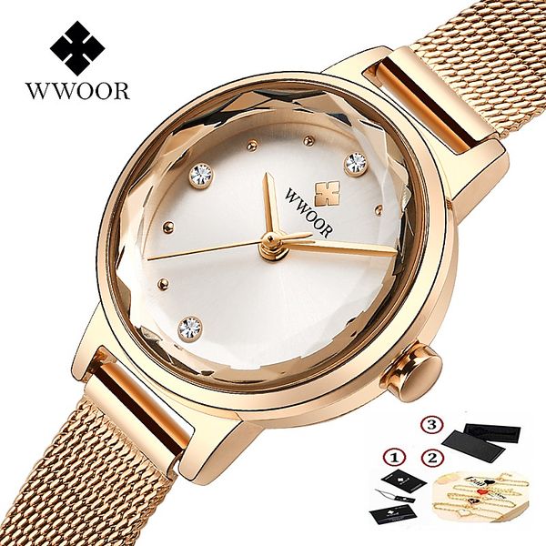 

wwoor luxury rose gold women watches waterproof ladies quartz watch stainless steel mesh band casual bracelet gift box 2019, Slivery;brown