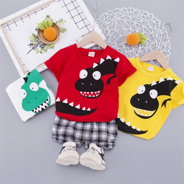 

summer baby boys girls clothes children cotton out printe dinosaur cartoon t-shirt denim shorts 2pcs/sets infant kids toddler, White