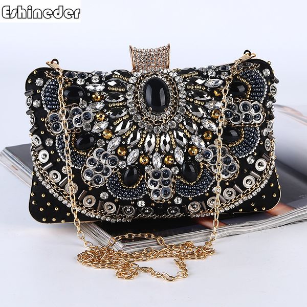 

diamonds embroidery lady clutches chain shoulder purse bags handmade style beaded women evening bags heart design wallets