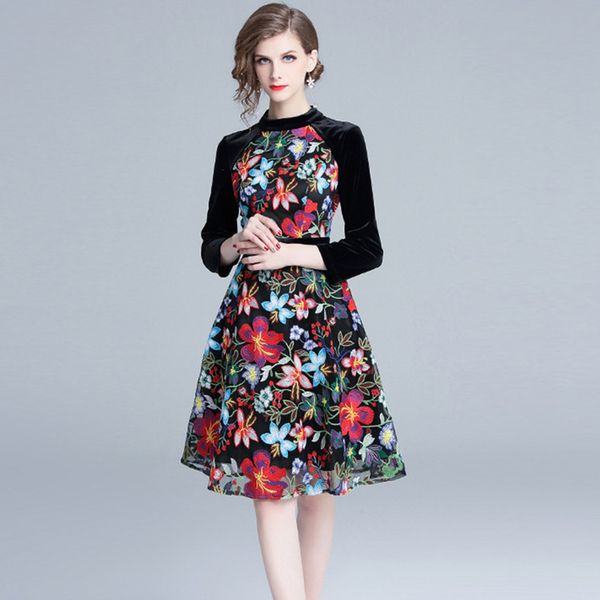 

womens designer water soluble flower embroidery temperament dress season slim slimming stand collar velvet stitching skirtzffk, Black;gray