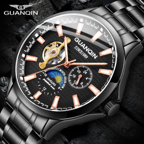 

guanqin 2019 clock men automatic watch waterproof mechanical skeleton tourbillon men's watch brand luxury relogio masculino j190706, Slivery;brown