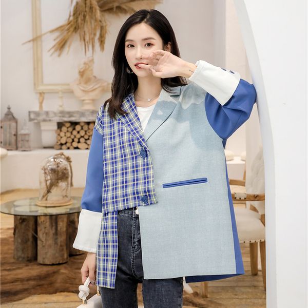 

2020 spring autumn women fashion mosaic coat female large size asymmetrical suit jacket new lapel long sleeve loose version suit, White;black