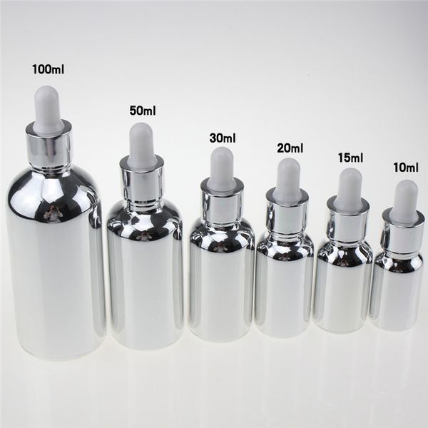 

wholesale 1oz empty glass essential oil dropper botlle with soft silicone dropper head, round oil bottle in gold or silver