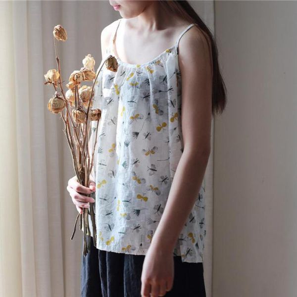 

johnature 2019 new summer print casual vintage woman clothes butterfly flower loose animal cotton simple camis, White