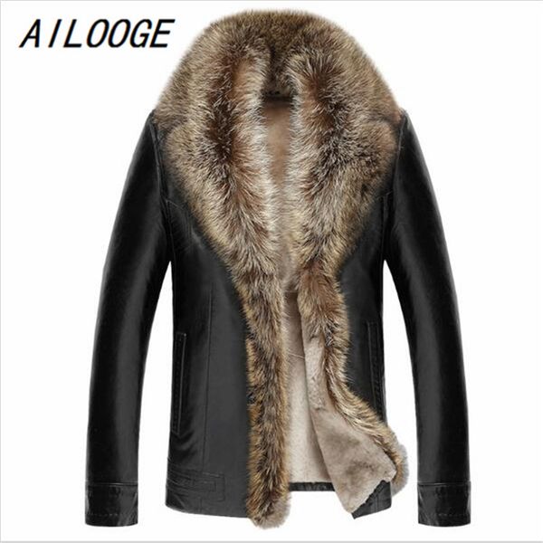 

ailooge 2017 brand mens fur coat shearling genuine leather raccoon fur sheep skin american raccoon mens business coat warm, Black