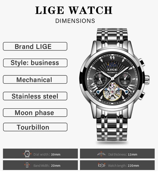 

2020 lige fashoin mens watches brand luxury automatic mechanical tourbillon watch men stainless steel waterproof wrist watch