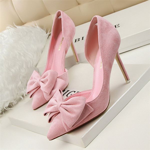 

new arrival sweet bowtie shallow high heels shoes pointed fashion women pumps side cut-outs solid flock party dress shoes woman, Black