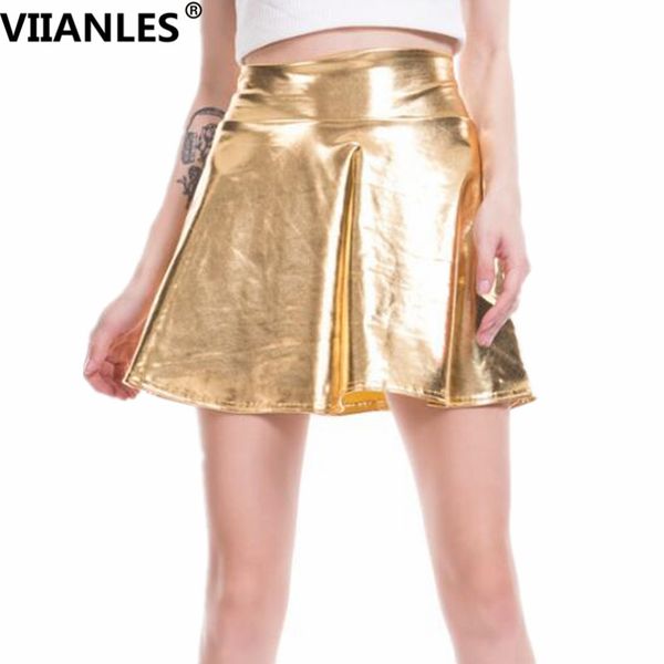 

viianles summer skirt women pu high waist short mini skirt party faux leather pleated skirts silver gold black dance bottom