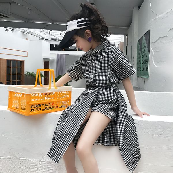 

girls suit 2019 summer new children's plaid short-sleeved shirt shorts skirt can wear three sets of tide t200413, White