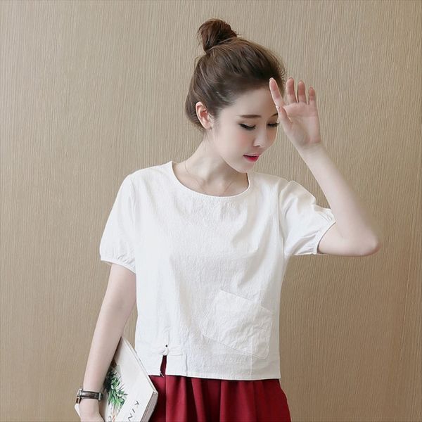 

cotton and linen short t-shirt t-shirt women's artistic all-match solid color casual short sleeve loose top, White