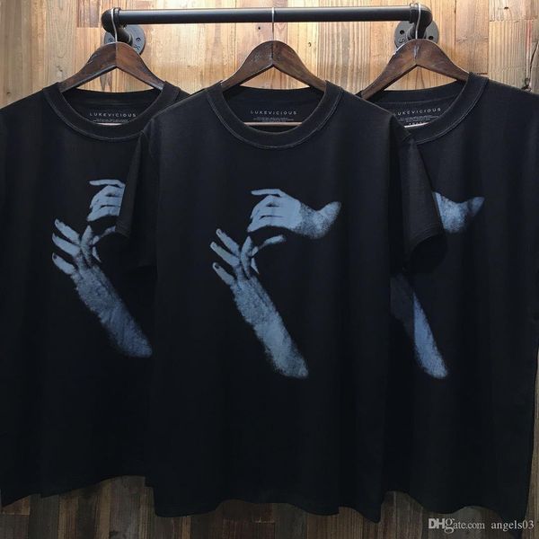 

2020 fashion streetwear lukevicious summer black tees inside-out brand oversized finger printed t-shirt, White;black