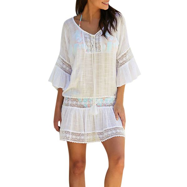 

chamsgend summer women' beach skirt bikini blouse seaside holiday sunscreen shirt solid color fashion loose dress, Blue;gray