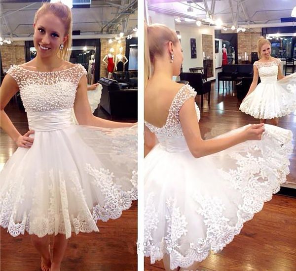 

new appliques summer beach vintage wedding dresses with sheer neck short sleeves beaded lace a-line short bridal gown for sale, White