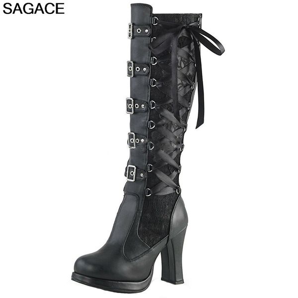 

over-the-knee boots fashion women's halloween cosplay cross tied leather kneeth platform boots gothic bows ladies festival, Black