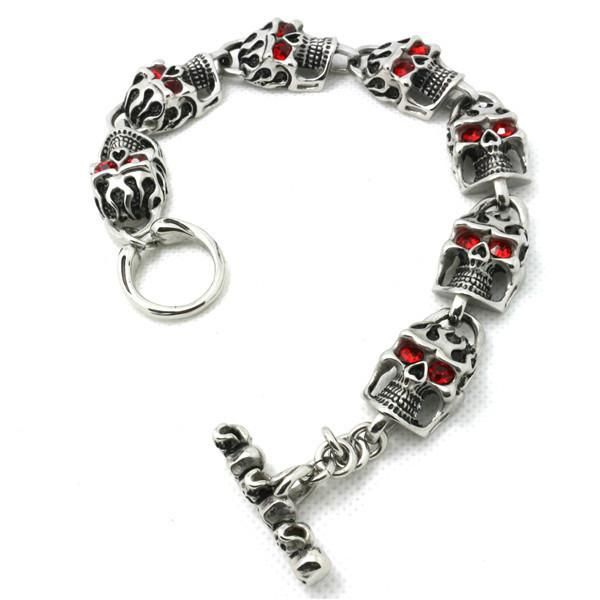 

59g fashion skull with ruby eyes bracelet 316l stainless steel punk amazing design cool popular gift skull bracelet, Golden;silver