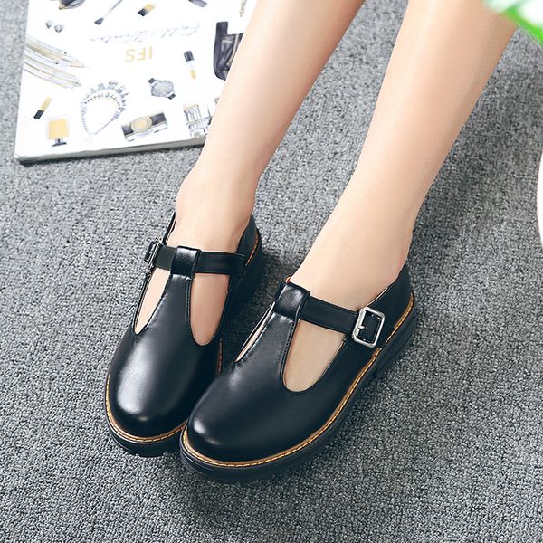 

new fashion round toe women's flats shallow mouth mary jane women flats concise ankle strap ladies casual flat shoes size 34-43, Black