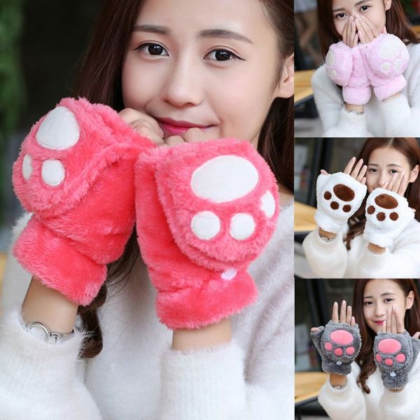 

women girls winter thickened plush cute cat claw bear flip gloves contrast color fingerless convertible mittens wrist warmer, Blue;gray