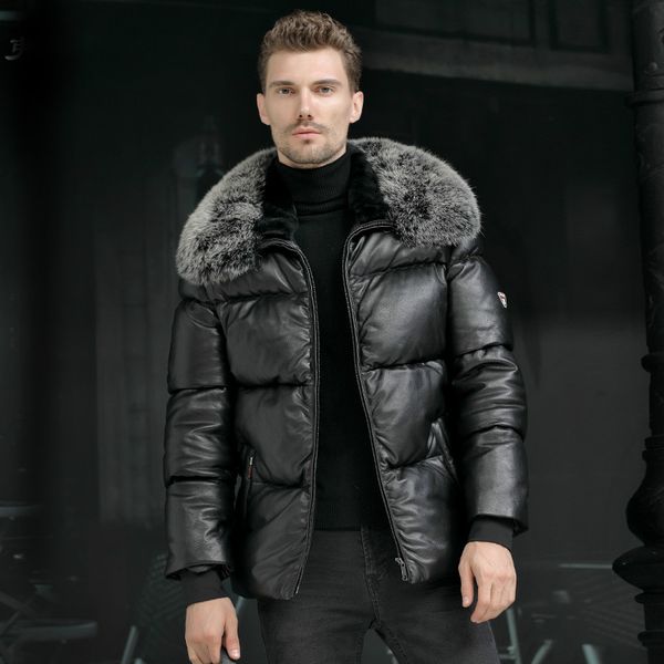 

500g duck down filling genuine leather down jacket men winter removable fur collar real leather coat mens cow coats, Black
