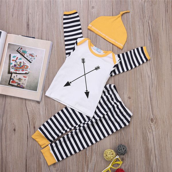 

striped t-shirt pants hat pajamas outfits clothing children kids girls boys clothing newborn kids baby girl boy clothes set, White
