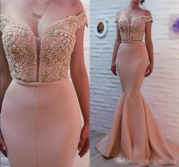 

Luxury pink beaded pearl mermaid evening dre e long 2018 off the houlder parkly cry tal lace up trumpet atin prom formal gown