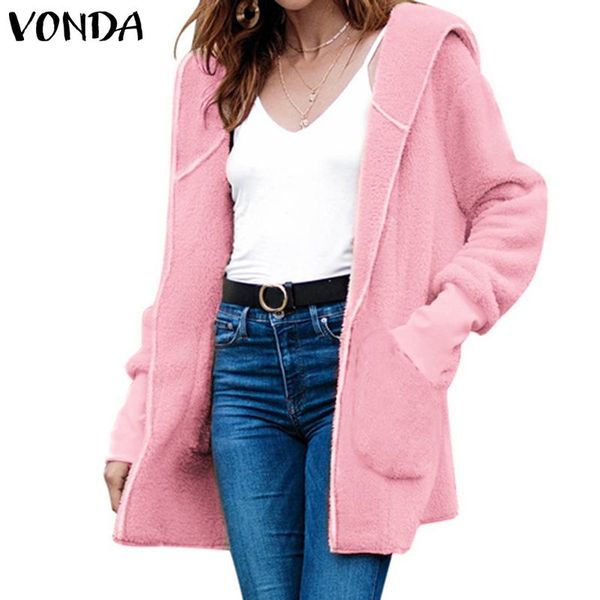 

women faux fur hooded jackets vonda 2019 casual long sleeve coats outwear cardigans winter warm coat plus size streetwear, Black;brown