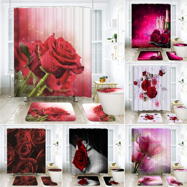 

3d red rose душ шторы занавес ванной комнаты набор полиэстер ткань ванна декор пьедестал ковер крышки туалет наборы обложка mat ванна ковер