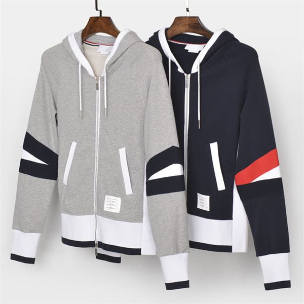 

spring autumn loopback jersey knit red-white-blue contrast color stripe zip-up hoodie men's women's sports casual sweatshirts, Black