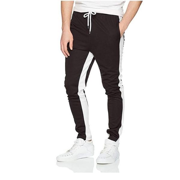 

men's new trousers casual fashion stitching striped drawstring belt elastic waist small feet pants ankle sports trousers, Black