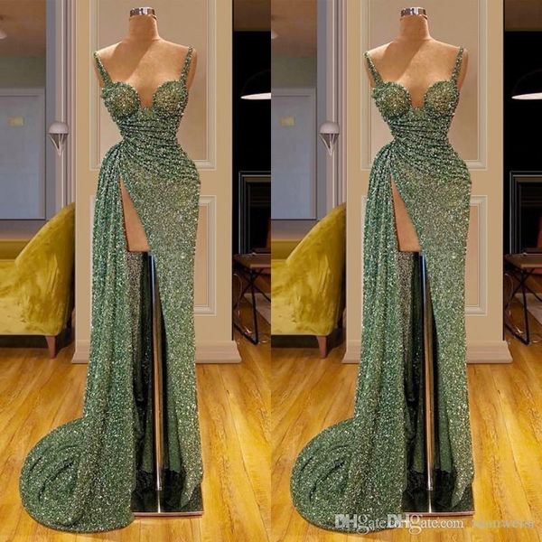 

vintage matcha glitter green long prom dresses high side split sequined spaghetti party gowns vestidos de fiesta de noche party dress, Black