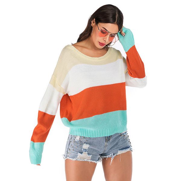 

striped patchwork color loose ladies sweater pullover 2019 o neck autumn winter long sleeve knit sweaters women pull femme, White;black