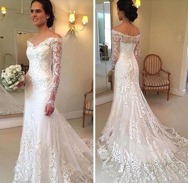 

mermaid wedding dresses full lace applique v neck cap long sleeve illusion plus size court train custom off shoulder bridal gowns, White
