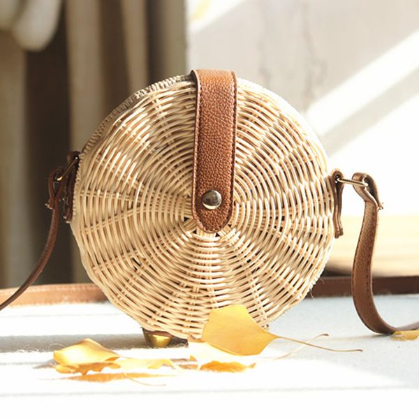 

woven rattan bag bohemian knitting straw bags bali beach bags women circle handbags pu leather summer shoulder bags