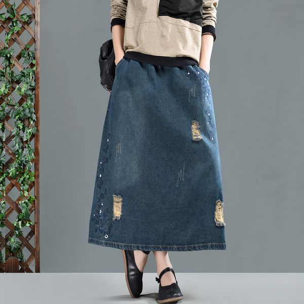 

spring new white white hole skirts long section of literary embroidery denim skirt girl wild a word skirt women, Black