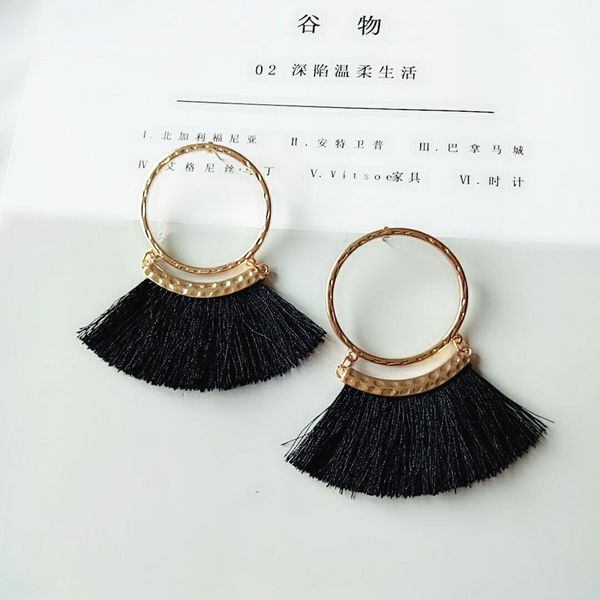 

european and american exaggerated alloy fanshaped tasseled earrings wholesale bohemian thread earrings, Golden;silver