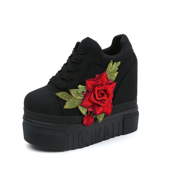 

new arrive fashion embroidered flowers women ankle boots height increasing platfprm spring autumn casual shoes woman, Black