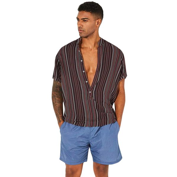 

men summer striped buttons shirt short sleeve loose casual travel shirts aic88, White;black