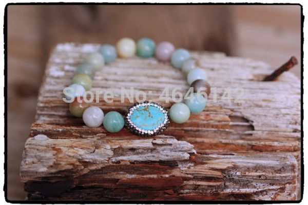 

boho chic amazonite beads pave turquoises beaded stretch bracelet, Golden;silver