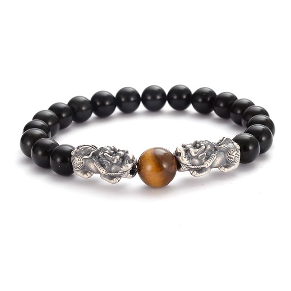 

solid silver pi yao charm bracelets obsidian stones tiger eye wealthy symbol men jewelry, Golden;silver