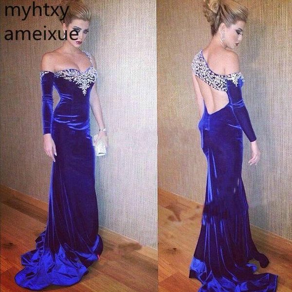

2019 new royal blue velvet evening dress arabic dubai style long sleeves wear event prom party gown custom made plus size, White;black