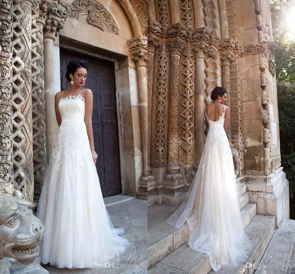 

elegant summer beach boho a line wedding dresses sheer neck tulle bridal gowns lace button covered back bc1375, White