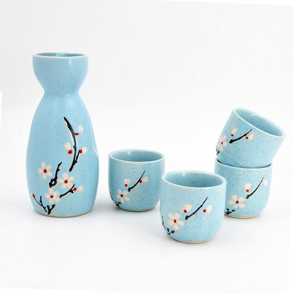 

cherry blossom japanese sake set 1 ceramic bottle flask 4 cups 1 bamboo serving tray asian wine gift pink blue yellow six colors