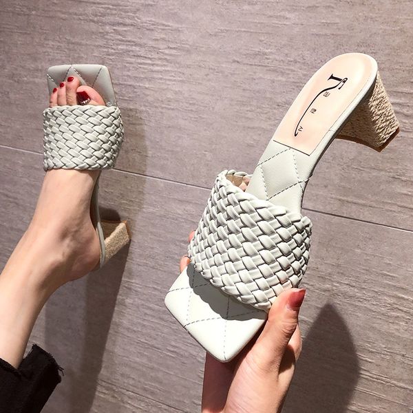 

female shoes womens slippers outdoor slides square toe fashion med 2020 soft luxury block fabric pu rubber hoof heels basic, Black