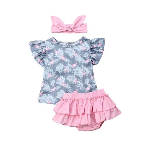 

симпатичные моды новорожденные эпикировка set pink оголовье рукавов flamingo baby girl infant лето топы брюки шорты 3шт принцесса, White