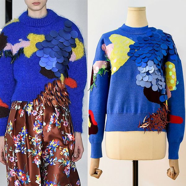 

2019 autumn winter women blue sweaters pullovers runway designer luxury sequined female korean pull knitted jumper clothes x324, White;black