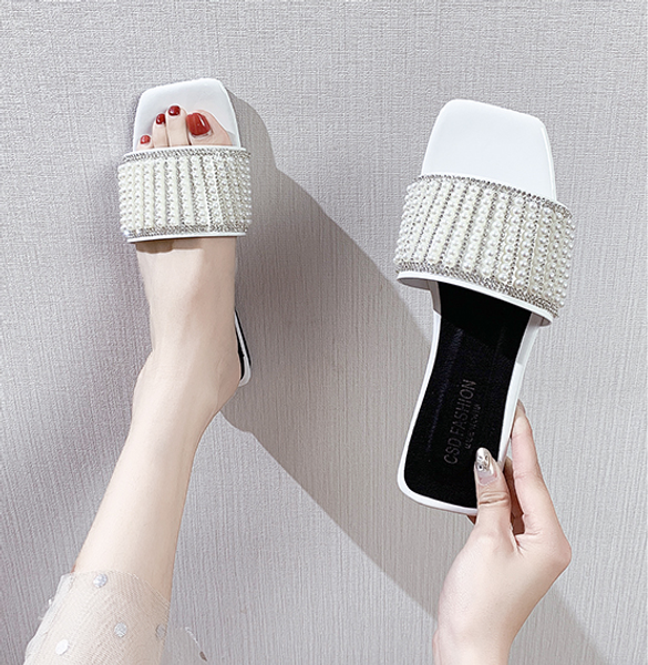 

beach slippers pearls crystal women summer casual open toe flat heel sandals woman comfortable outdoor slides mujer, Black