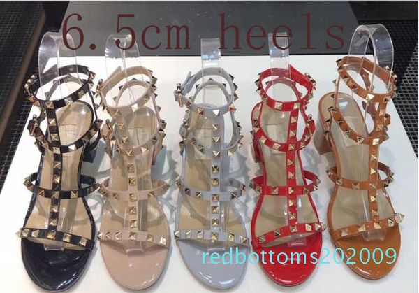 

fashion designer studs patent leather rivets sandals women genuine leather studded strappy dress shoes 9.5cm 6.5cm high heel r09, Black