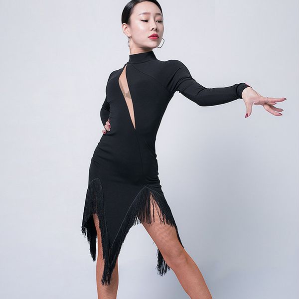 

women's latin dance dress slim long sleeved tassel charleston dress female ballroom dancing costumes danse dresses dl5191, Black;red