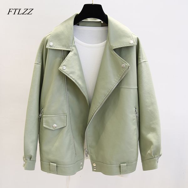 

ftlzz new spring faux leather pu jacket women loose bf coat female turndown collar moto biker rivet zipper vintage street jacket, Black
