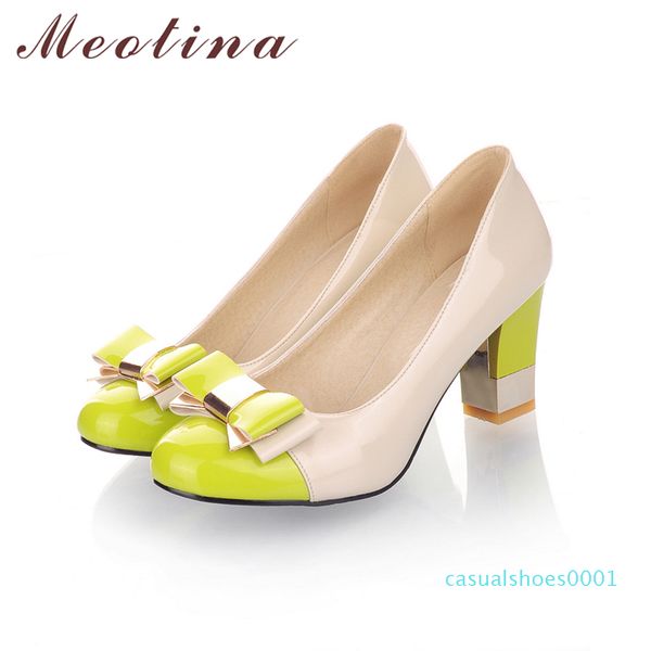 

meotina ladies shoes pumps autumn round toe basic office chunky high heels shoes women bow candy color shoes plus size 9  c01, Black